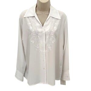 NWT Sarah Bentley White Embroidered Button-Up Blouse Long Sleeve Size Small